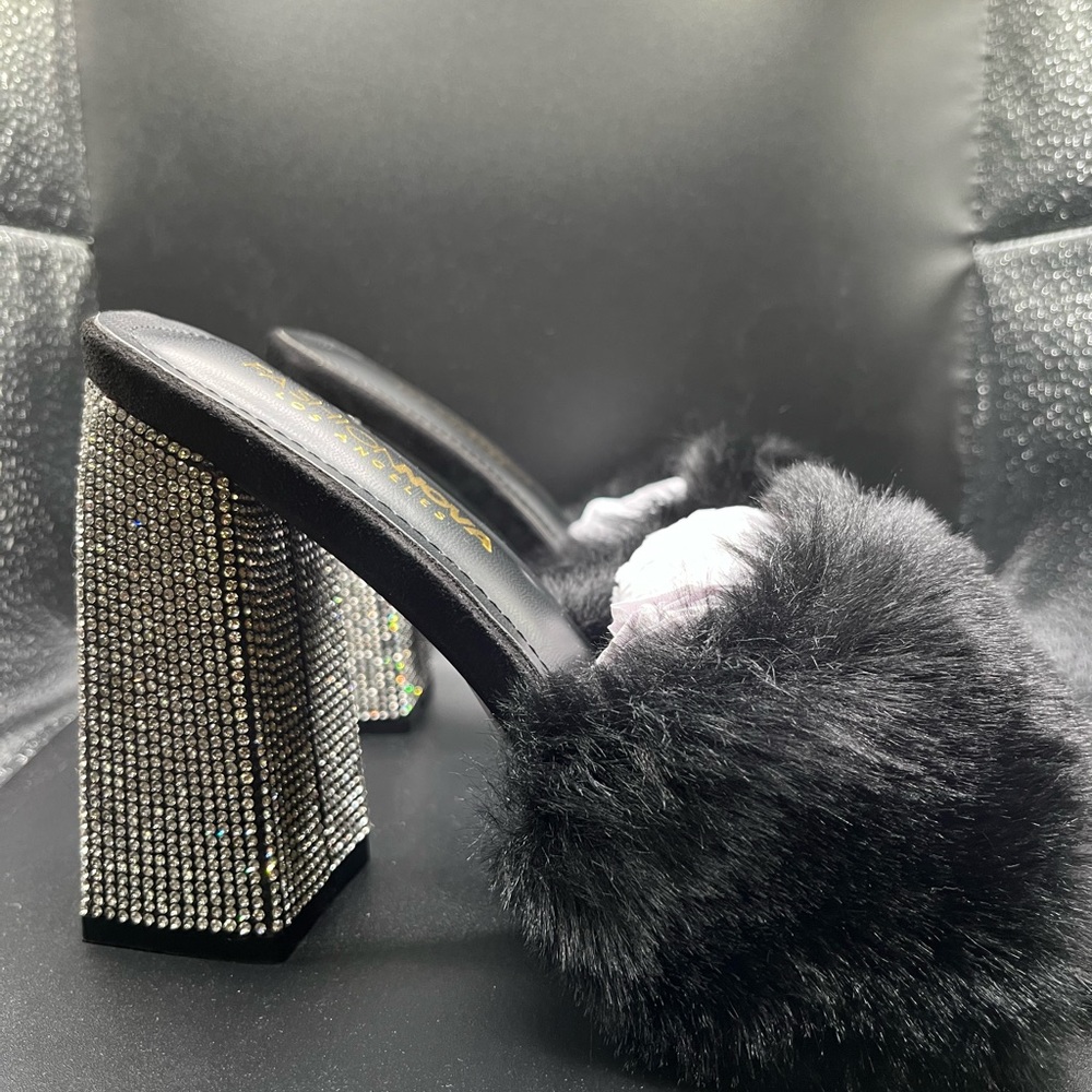 black fur rhinestone heels black new